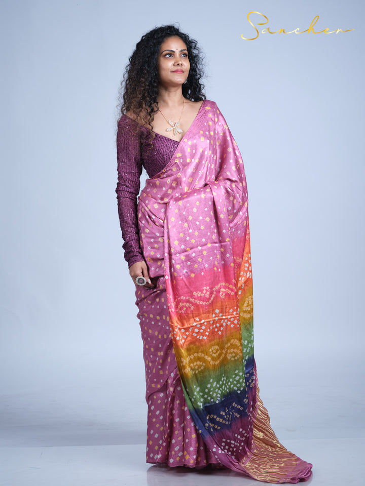 pink silk bandhani saree