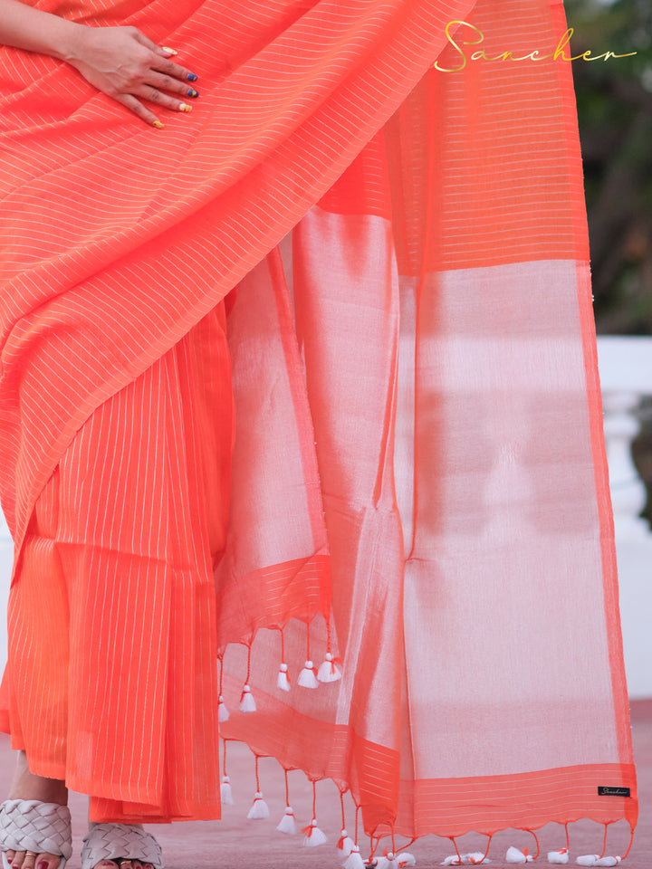 Orange Color Saree-Tangerian Tango-Mulmul Cotton-Silver Pallu-Sancher-chennai-TamilnaduTango-Mulmul Cotton-Silver Pallu Saree