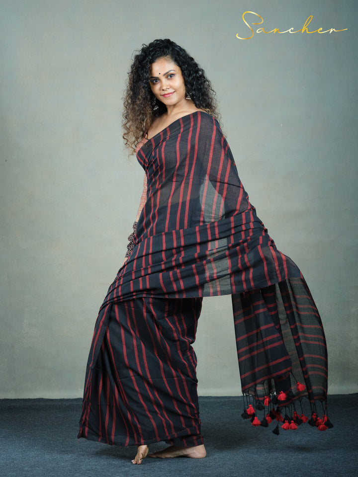 red and black striped pure cotton saree