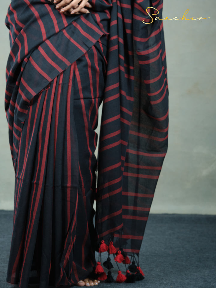 red and black striped pure cotton saree