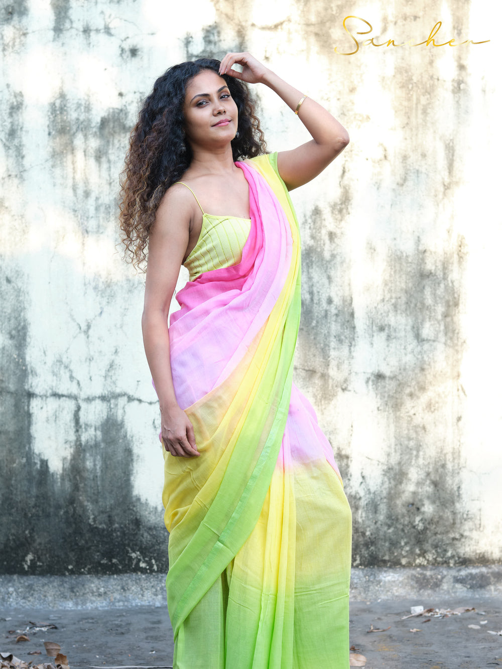 pink, yellow, and light green Mulmul Cotton Sarees