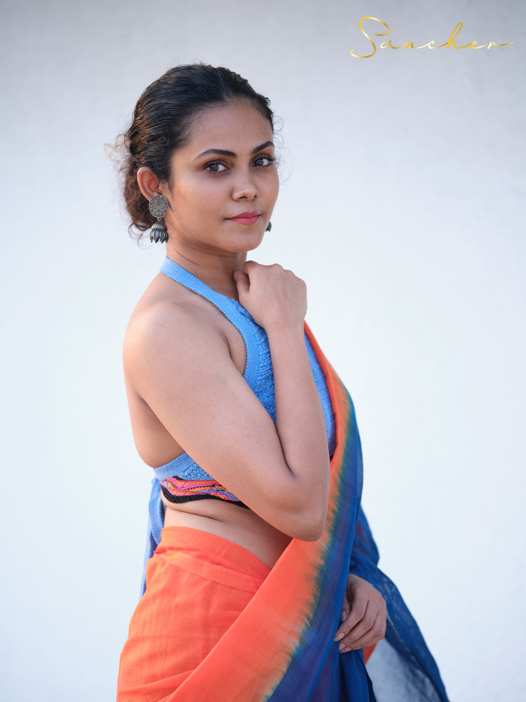 Mulmul Cotton Orange and Blue Saree