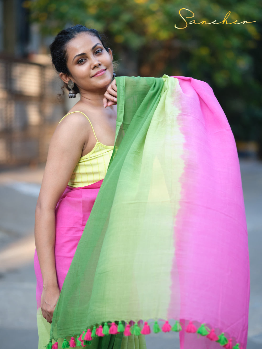 Pink and Green Mulmul Cotton Saree