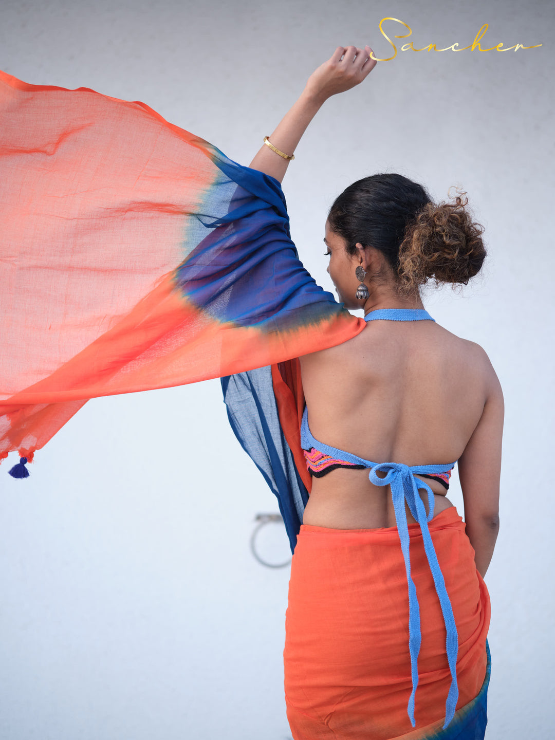 Mulmul Cotton Orange and Blue Saree