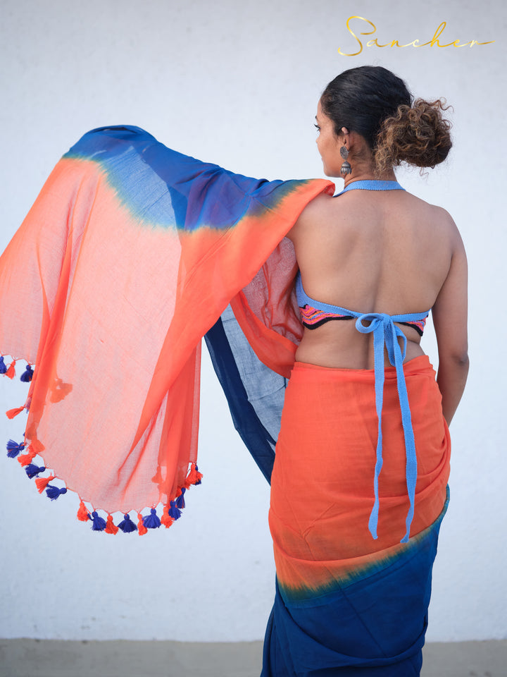 Mulmul Cotton Orange and Blue Saree