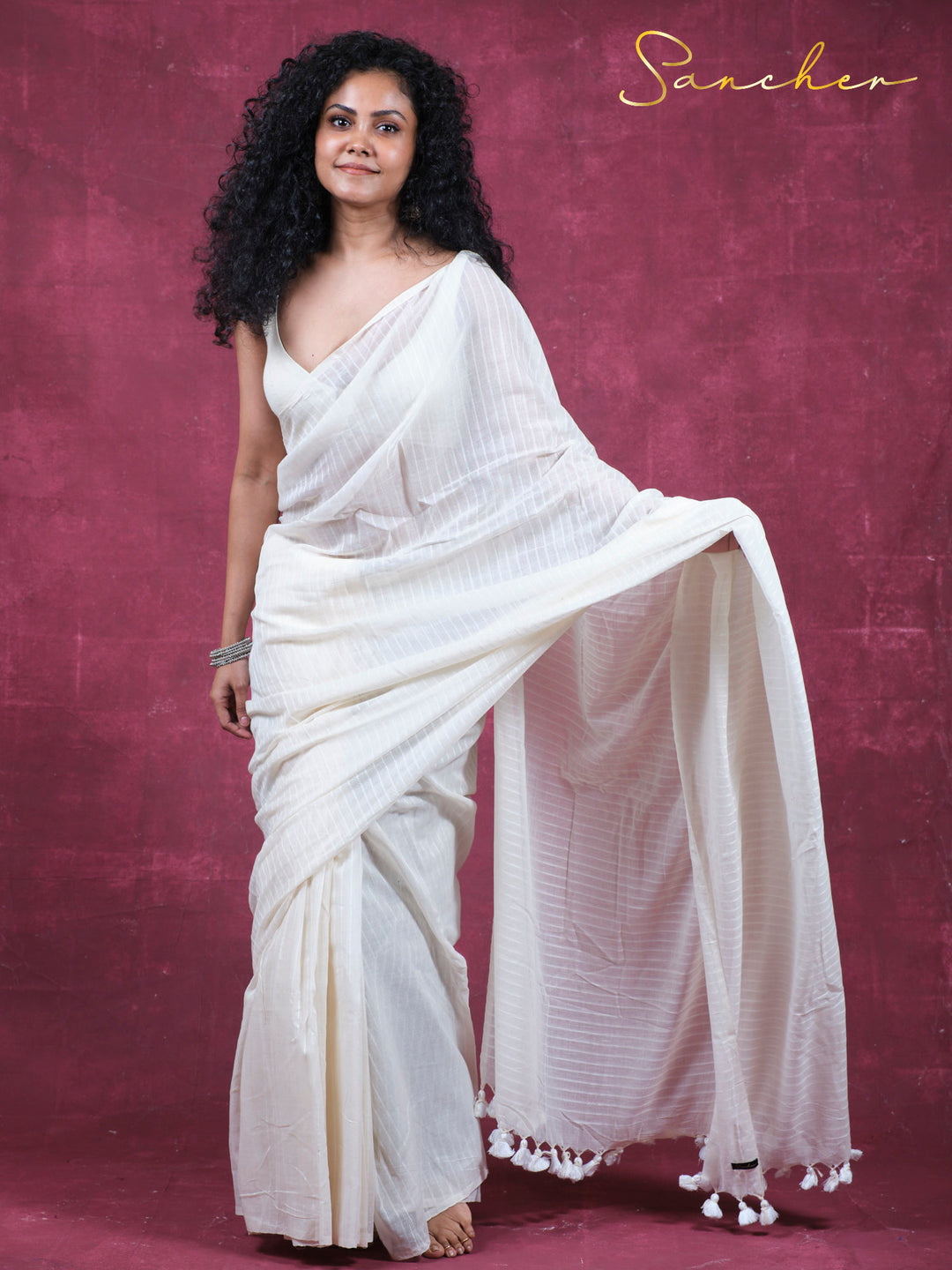 Moon lines Mulmul Cotton Saree