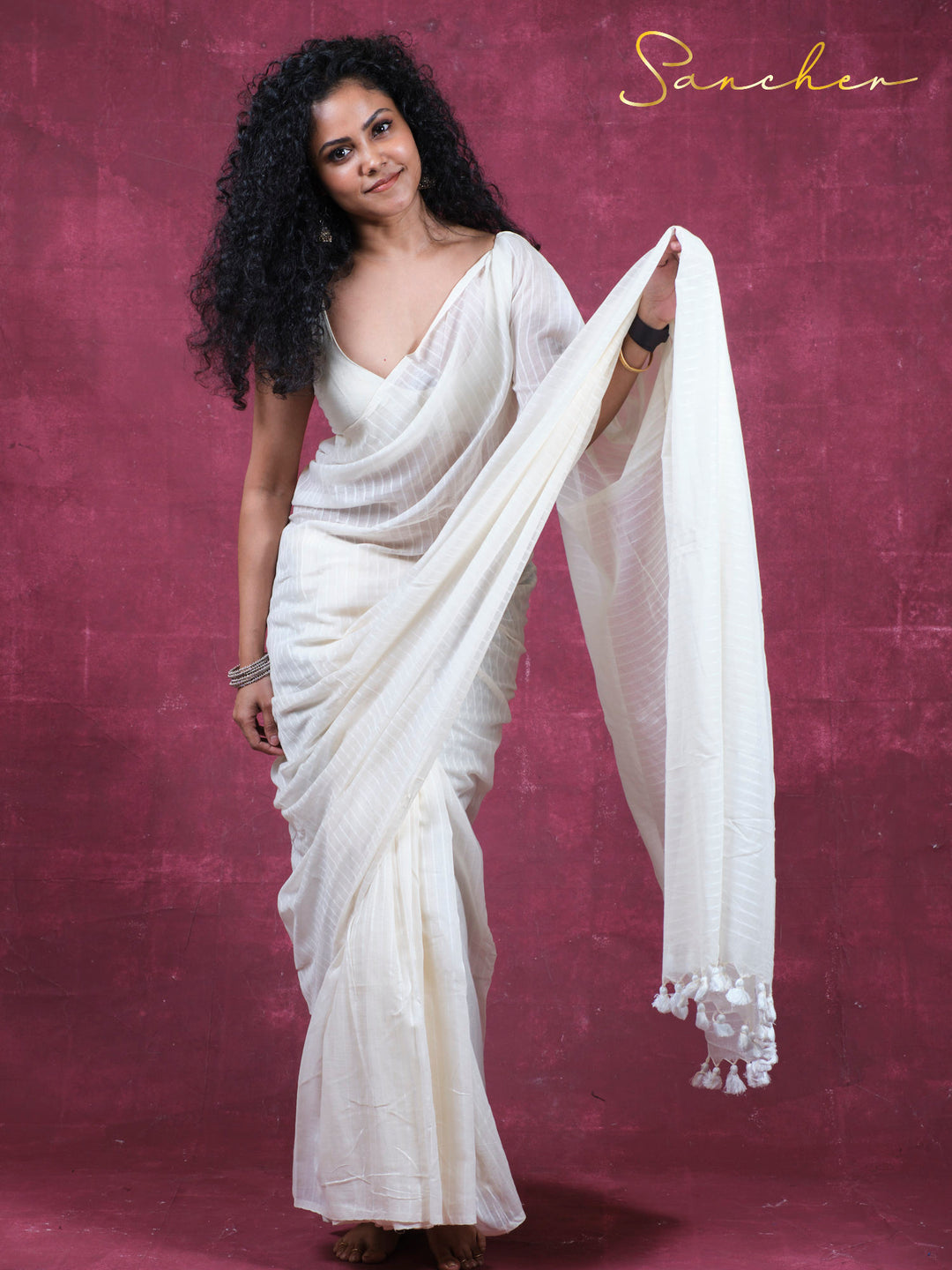 Moon lines Mulmul Cotton Saree