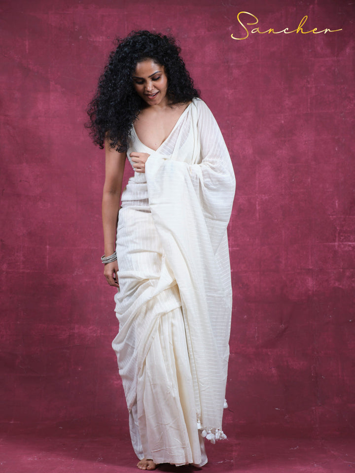 Moon lines Mulmul Cotton Saree