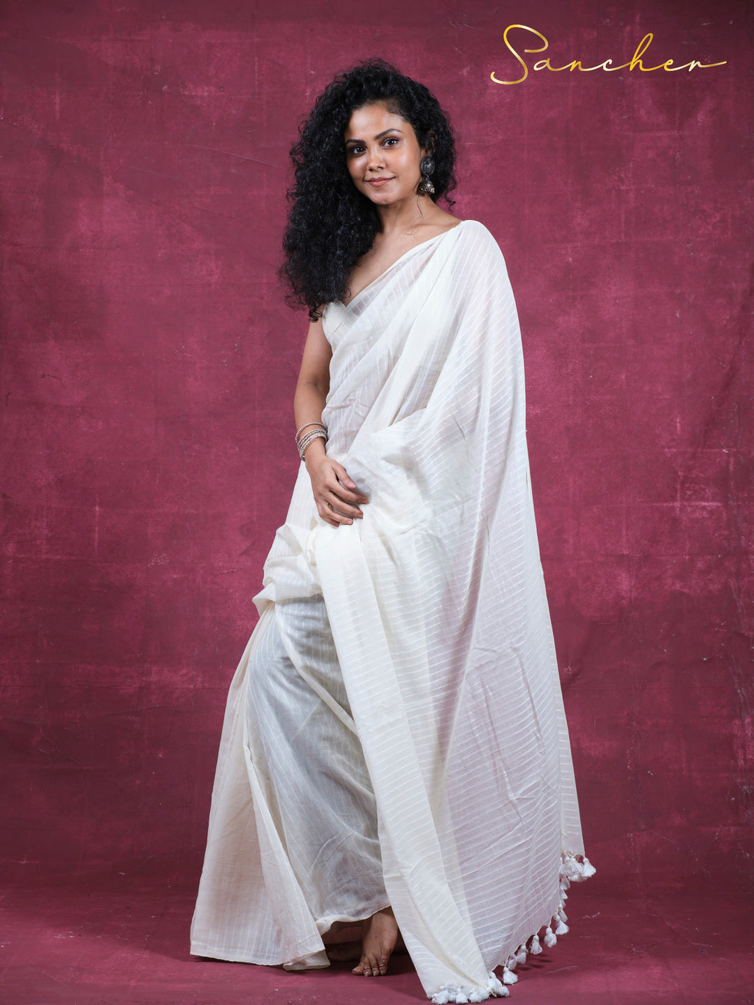 Moon lines Mulmul Cotton Saree