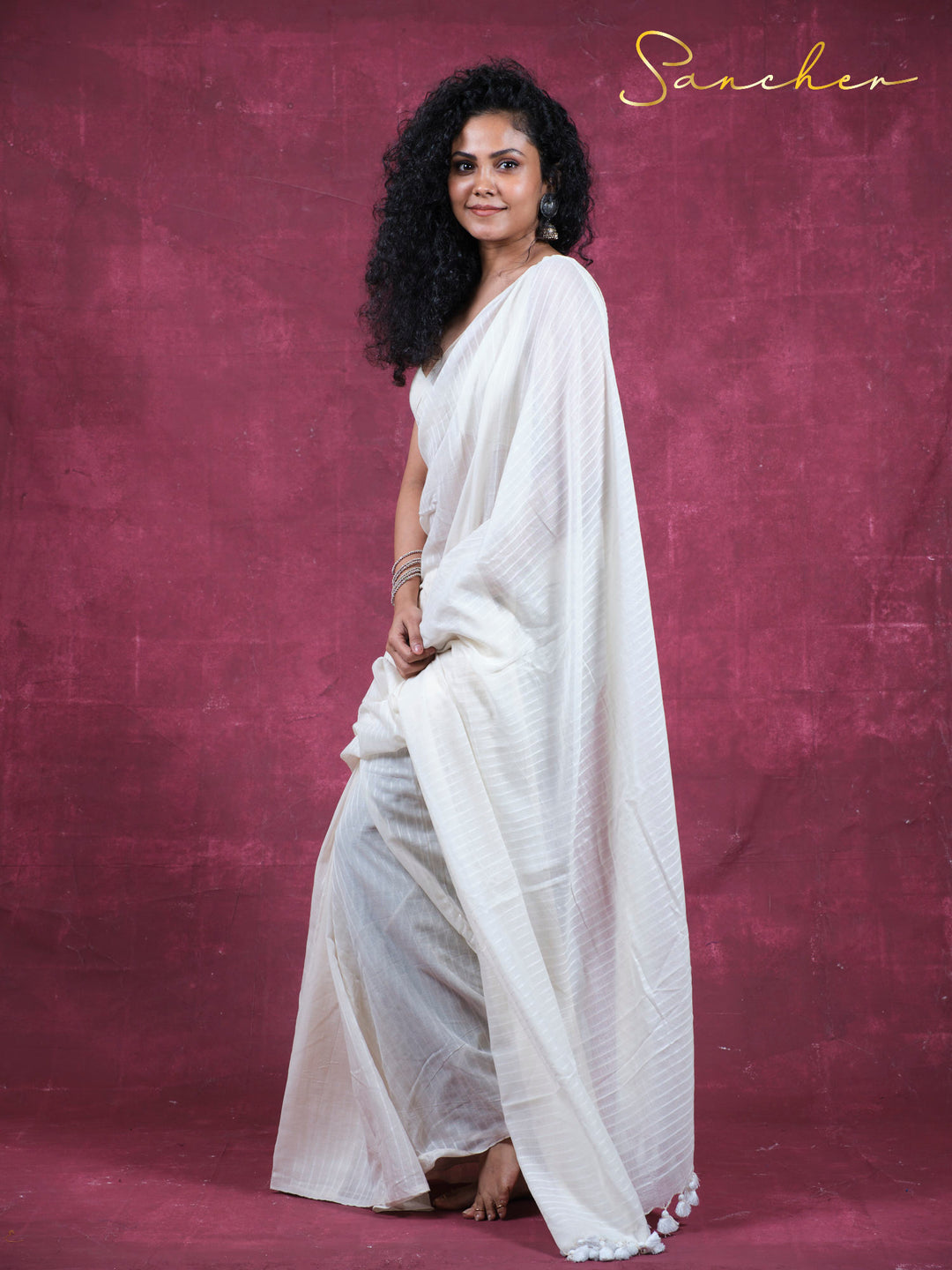 Moon lines Mulmul Cotton Saree
