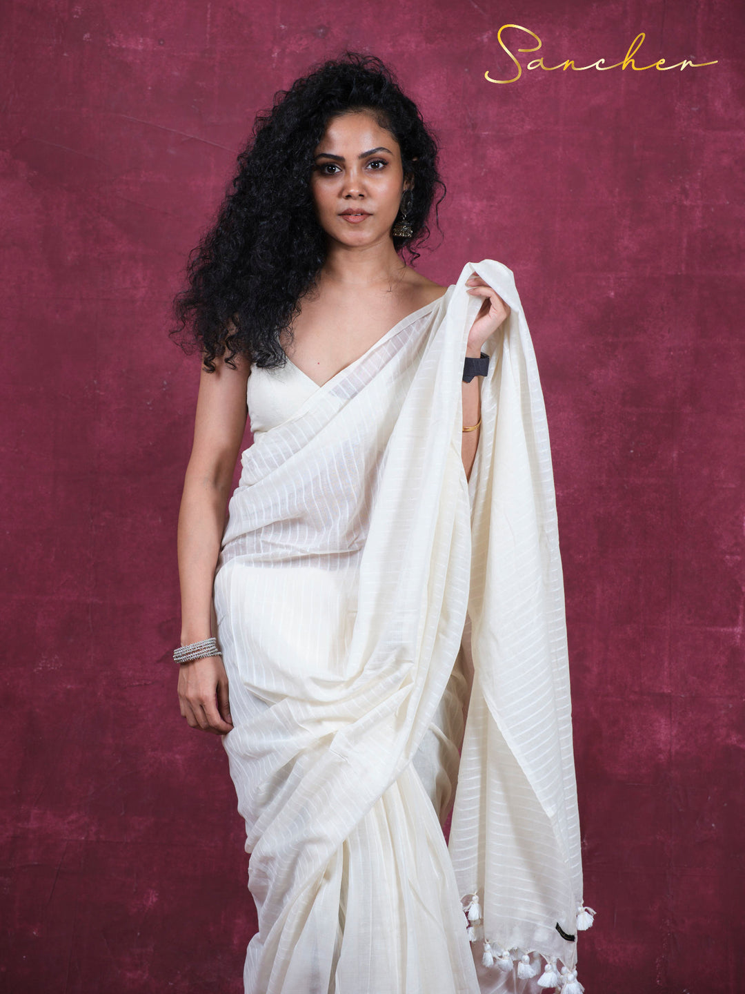 Moon lines Mulmul Cotton Saree