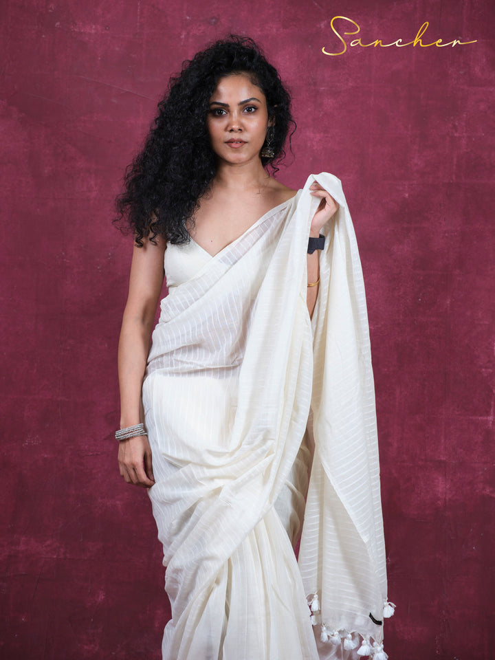 Moon lines Mulmul Cotton Saree