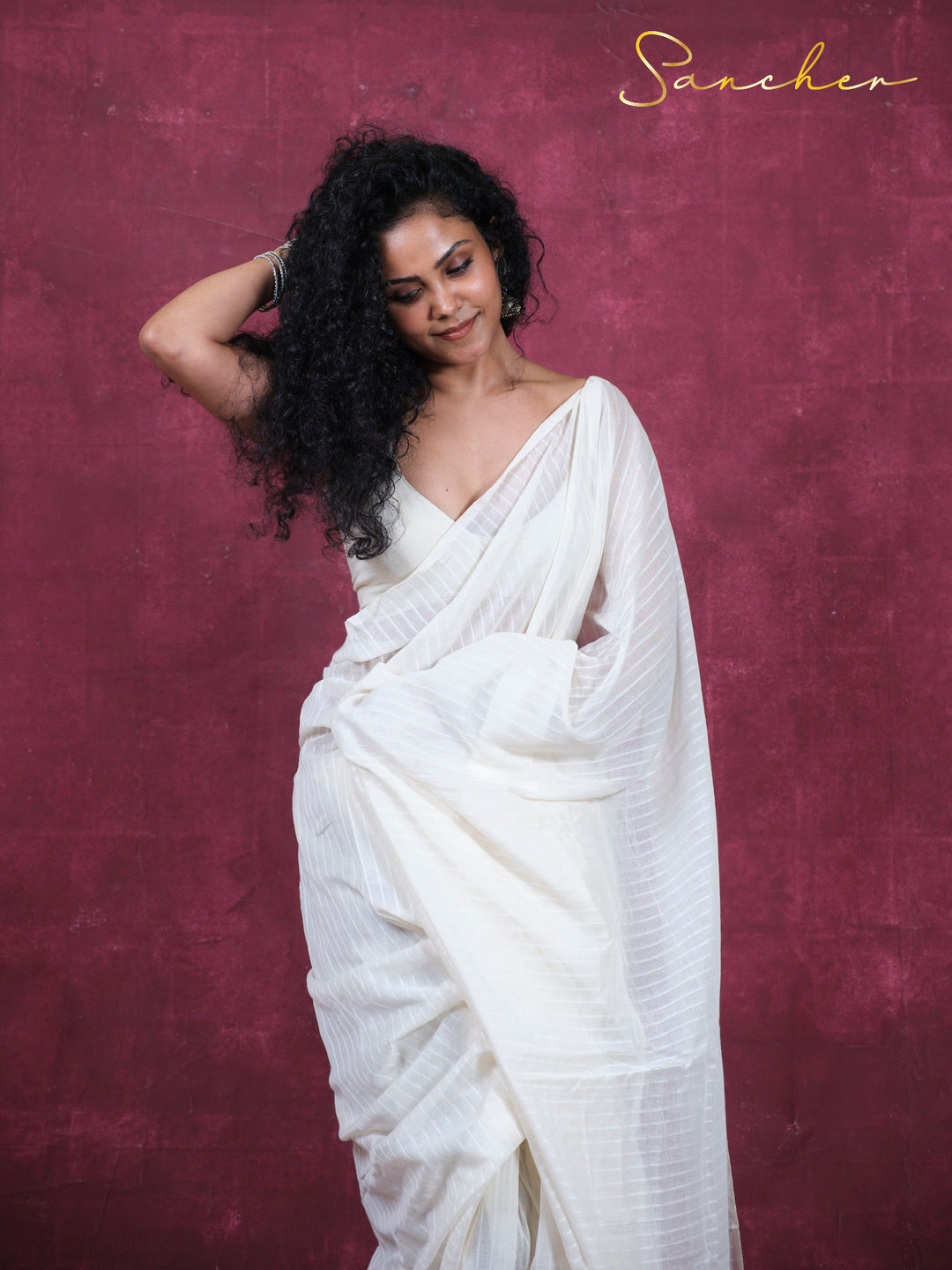 Moon lines Mulmul Cotton Saree