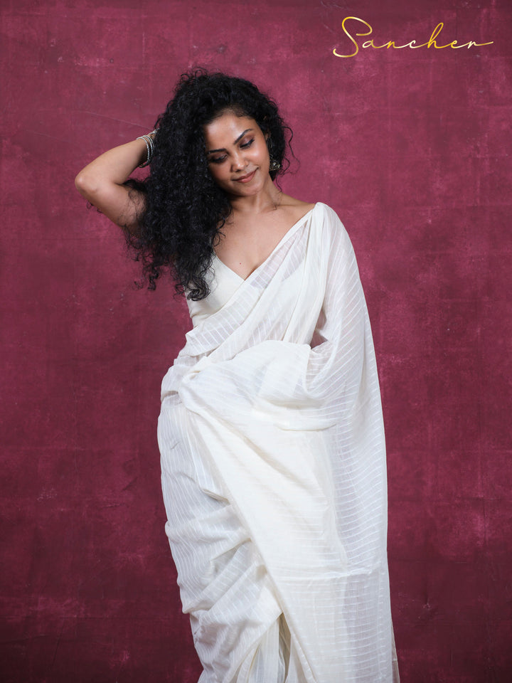 Moon lines Mulmul Cotton Saree