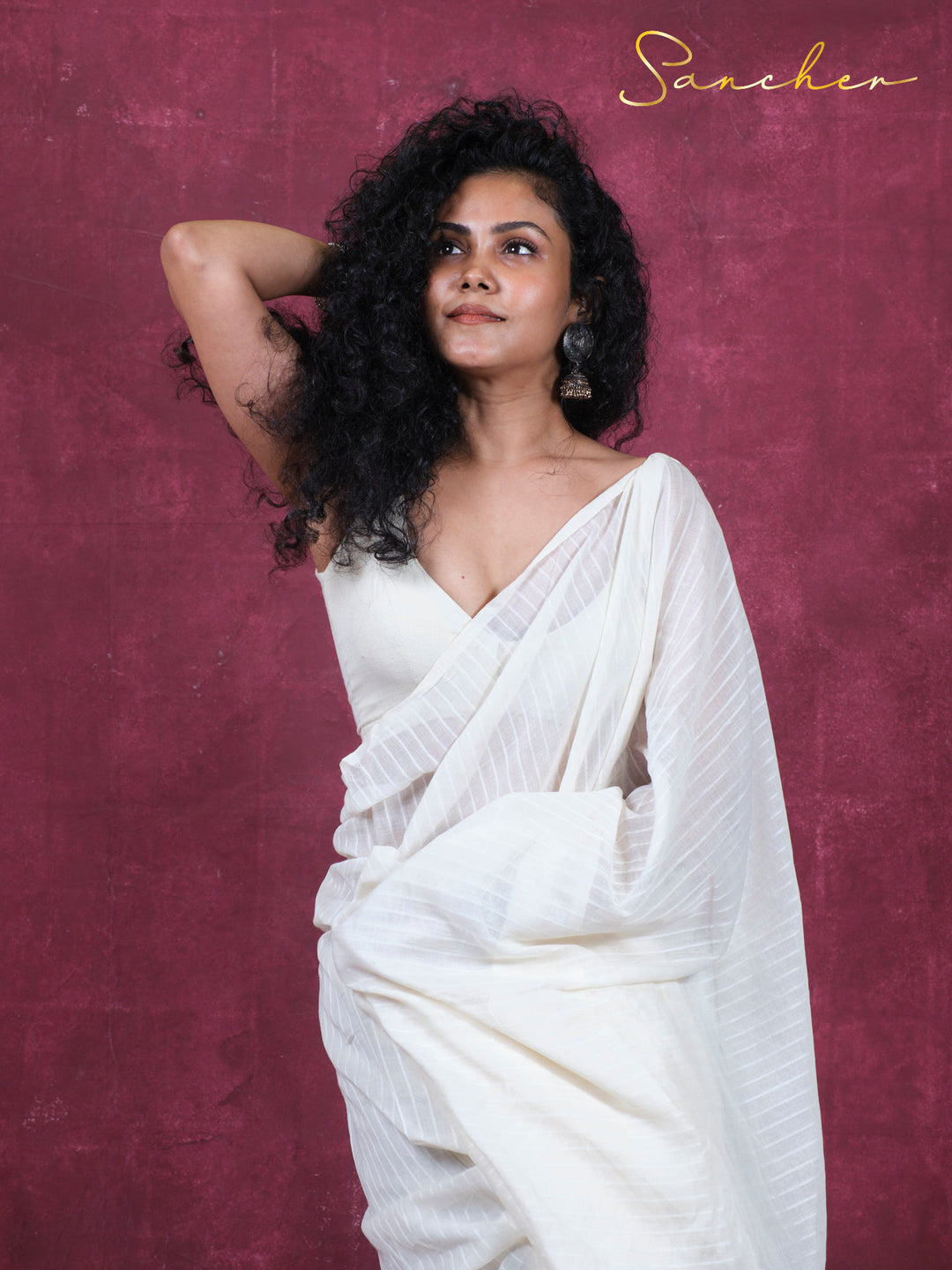 Moon lines Mulmul Cotton Saree