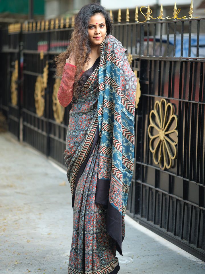 Blue Ajrakh Modal Silk Saree