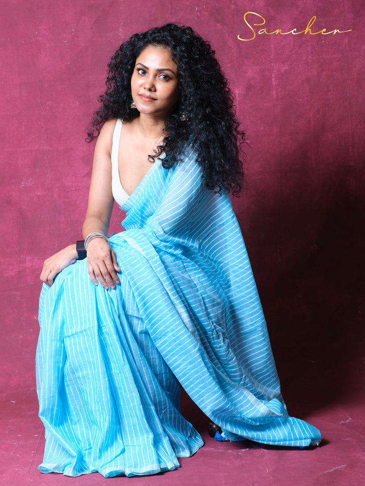 Sky lines Mulmul Cotton Saree