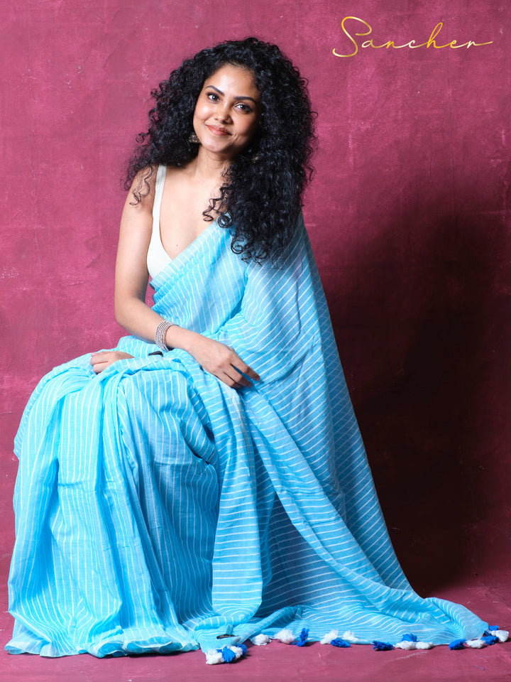 Sky lines Mulmul Cotton Saree