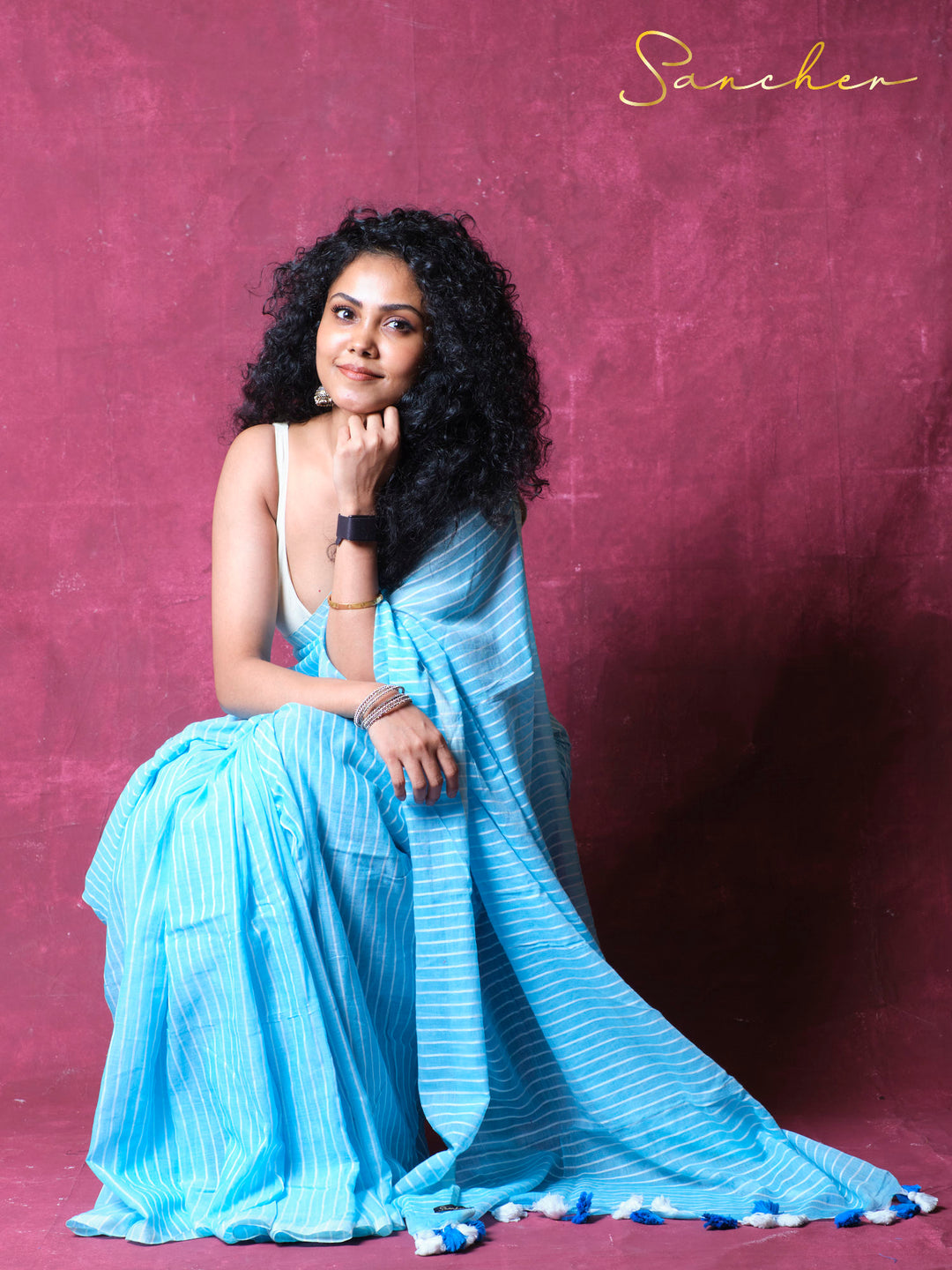 Sky lines Mulmul Cotton Saree