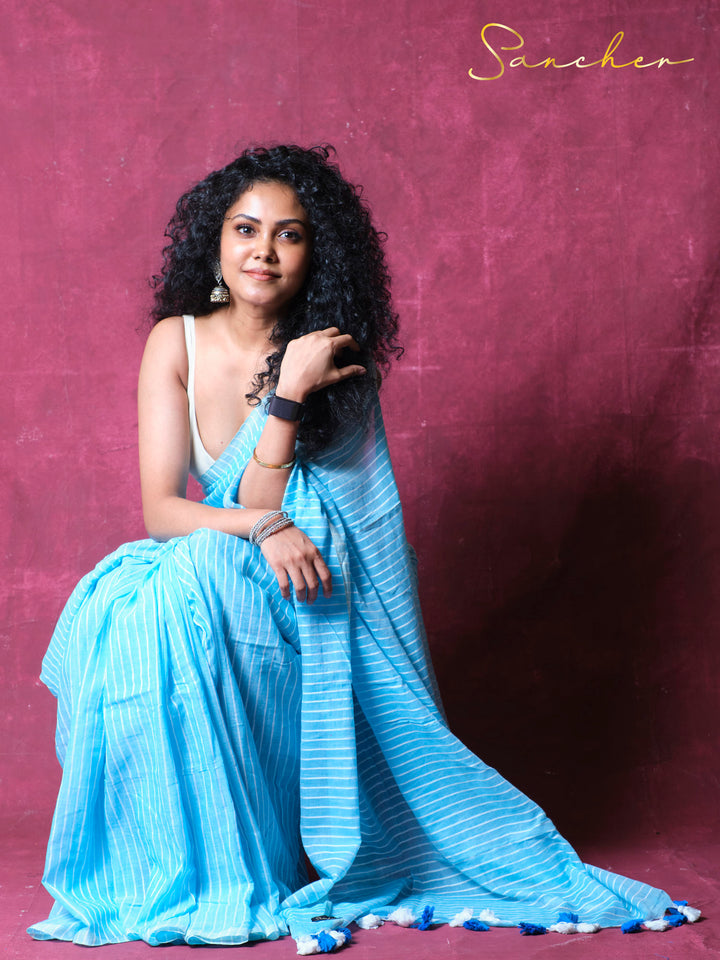 Sky lines Mulmul Cotton Saree