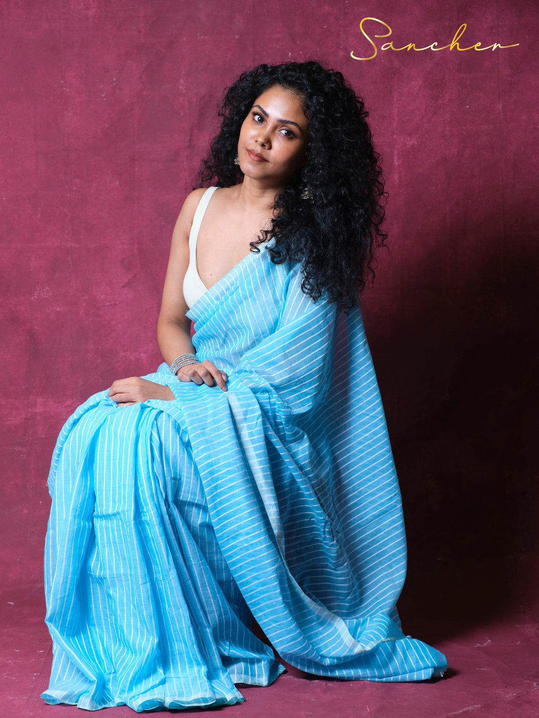 Sky lines Mulmul Cotton Saree
