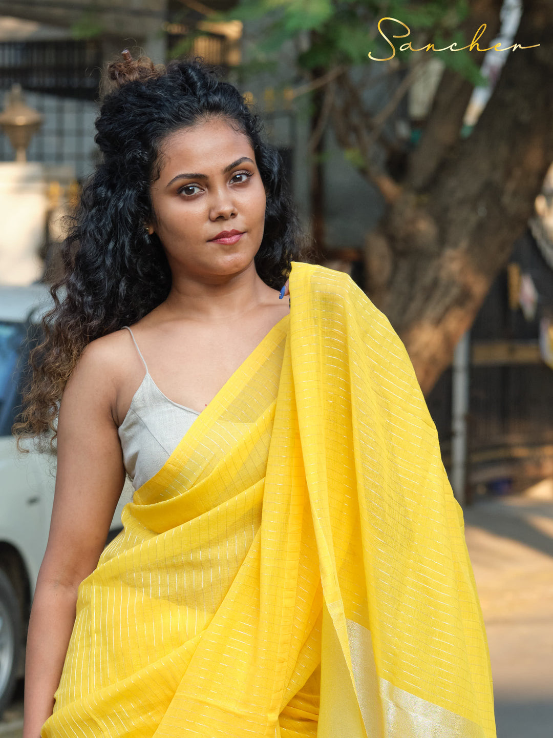 Yellow Mulmul Cotton Saree